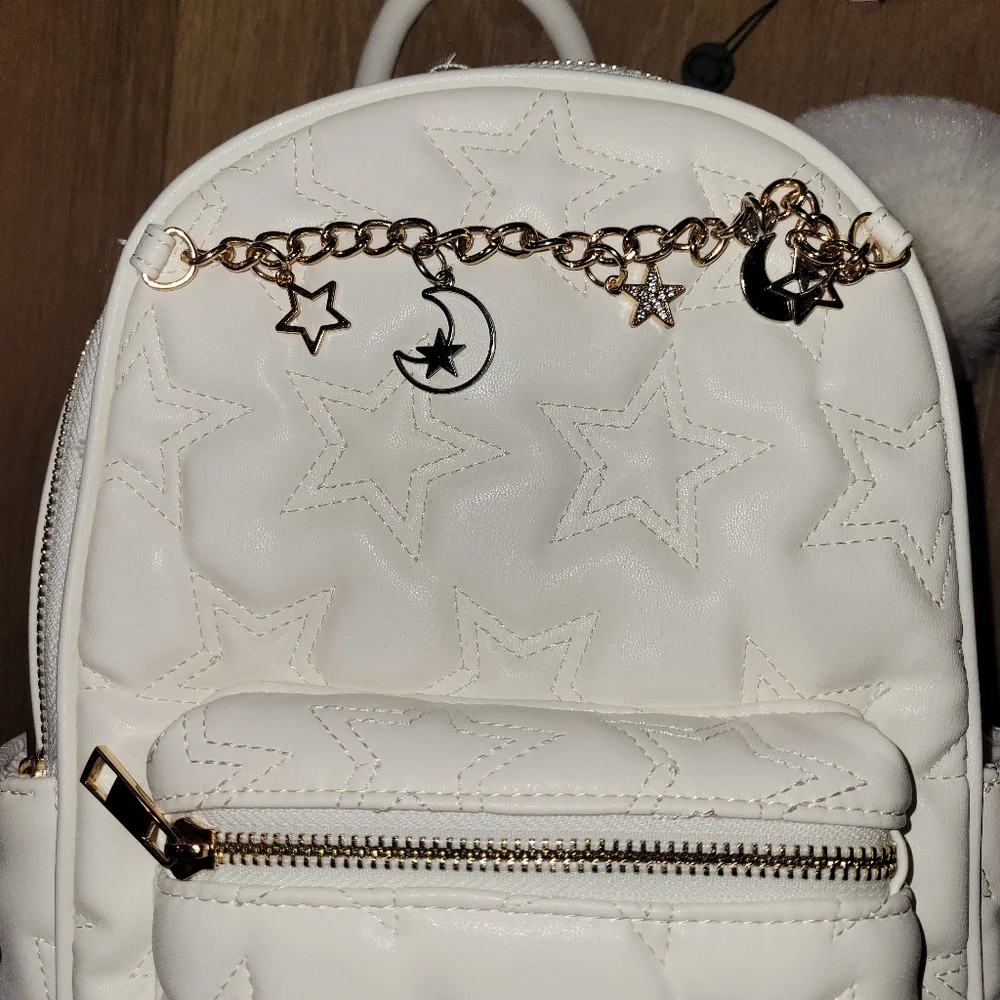 Like Dreams Quilted Stars and Moon Small White Backpack With Pom Pom New